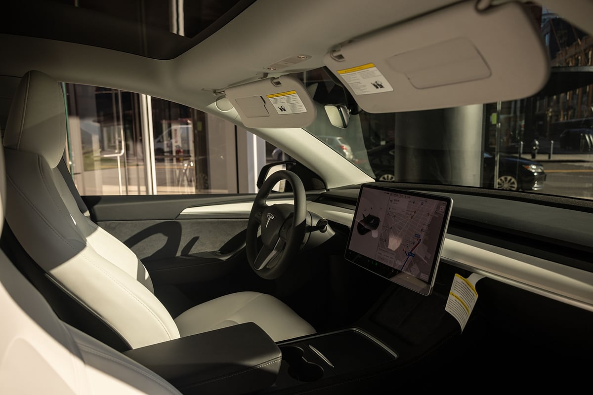 The interior of a Tesla Model Y electric vehicle (EV) at the company’s showroom in New York.Photographer: Yuki Iwamura/Bloomberg