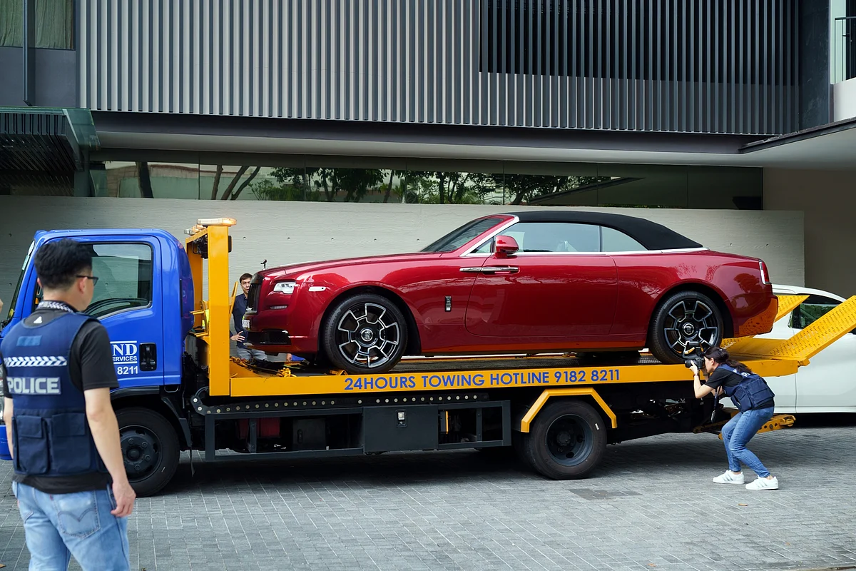 A Rolls-Royce vehicle seized by police at a residence of a suspect’s house in the money-laundering case in Singapore on Oct. 25, 2023.Photographer: Ore Huiying/Bloomberg