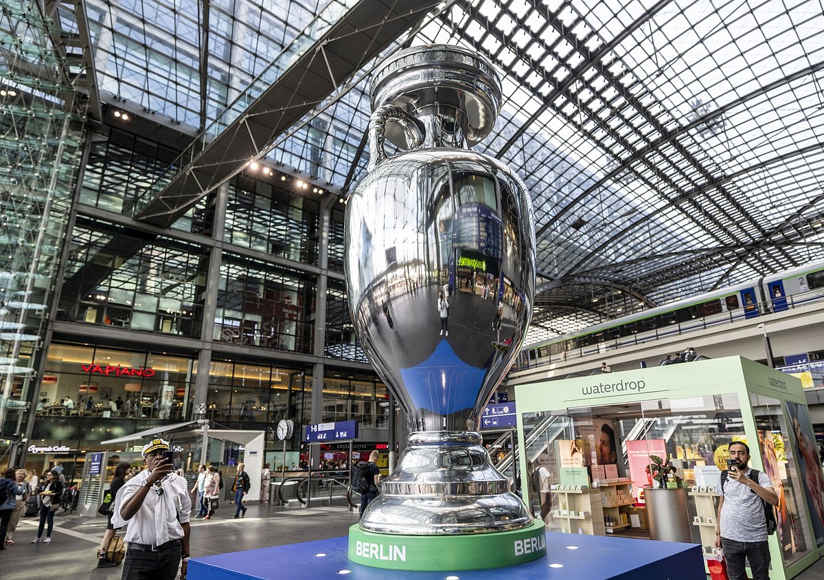 A UEFA Euro 2024 trophy istallation at Hauptbahnhof station in Berlin.