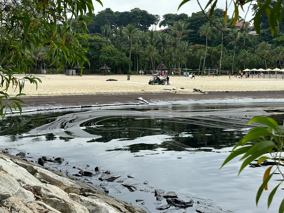Oil coated sand and rocks along the Tanjong beach.Photographer: David Ramli/Bloomberg
