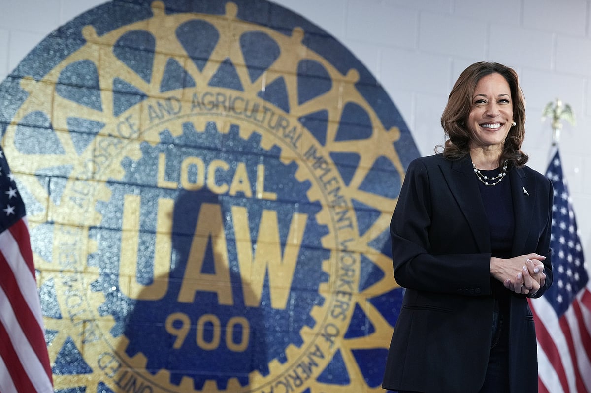 Vice President Kamala Harris waits to speak at a campaign rally at United Auto Workers Local 900 on Aug. 8, 2024 in Wayne, Michigan. Andrew Harnik/Getty Images