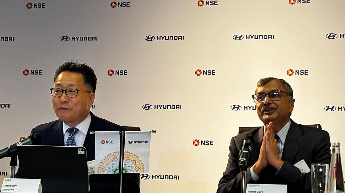 <div class="paragraphs"><p>Hyundai India CEO Unsoo Kim (left) and COO Tarun Garg at a media scrum following the listing of the company at the National Stock Exchange in Mumbai on Tuesday, October 22, 2024. (Photographer: Tushar Deep Singh/NDTV Profit)</p></div>