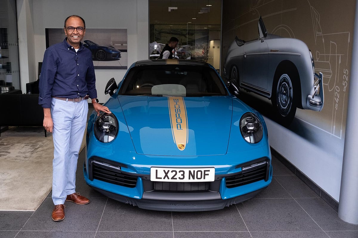 <div class="paragraphs"><p>Saravanakumar with his Lamborghini Porsche at his home in London. (Photo source:&nbsp;Saravanakumar)</p></div>