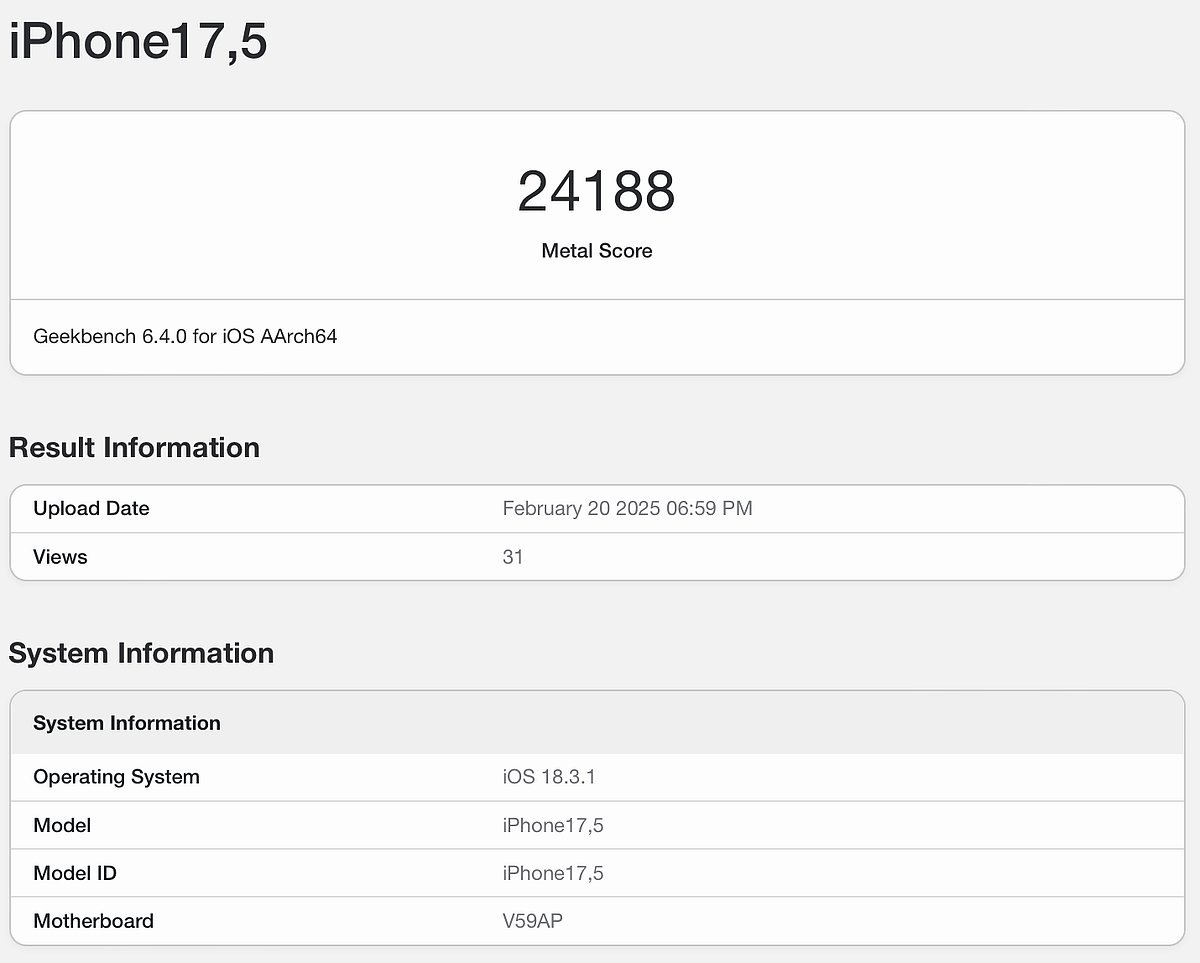 <div class="paragraphs"><p>Screenshot of Geekbench listing shows the device running iOS 18.3.1.</p></div>