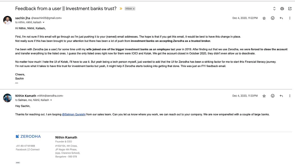 Man Writes To Zerodha’s Nithin Kamath Expecting No Reply – What Happened Next Left Him Impressed