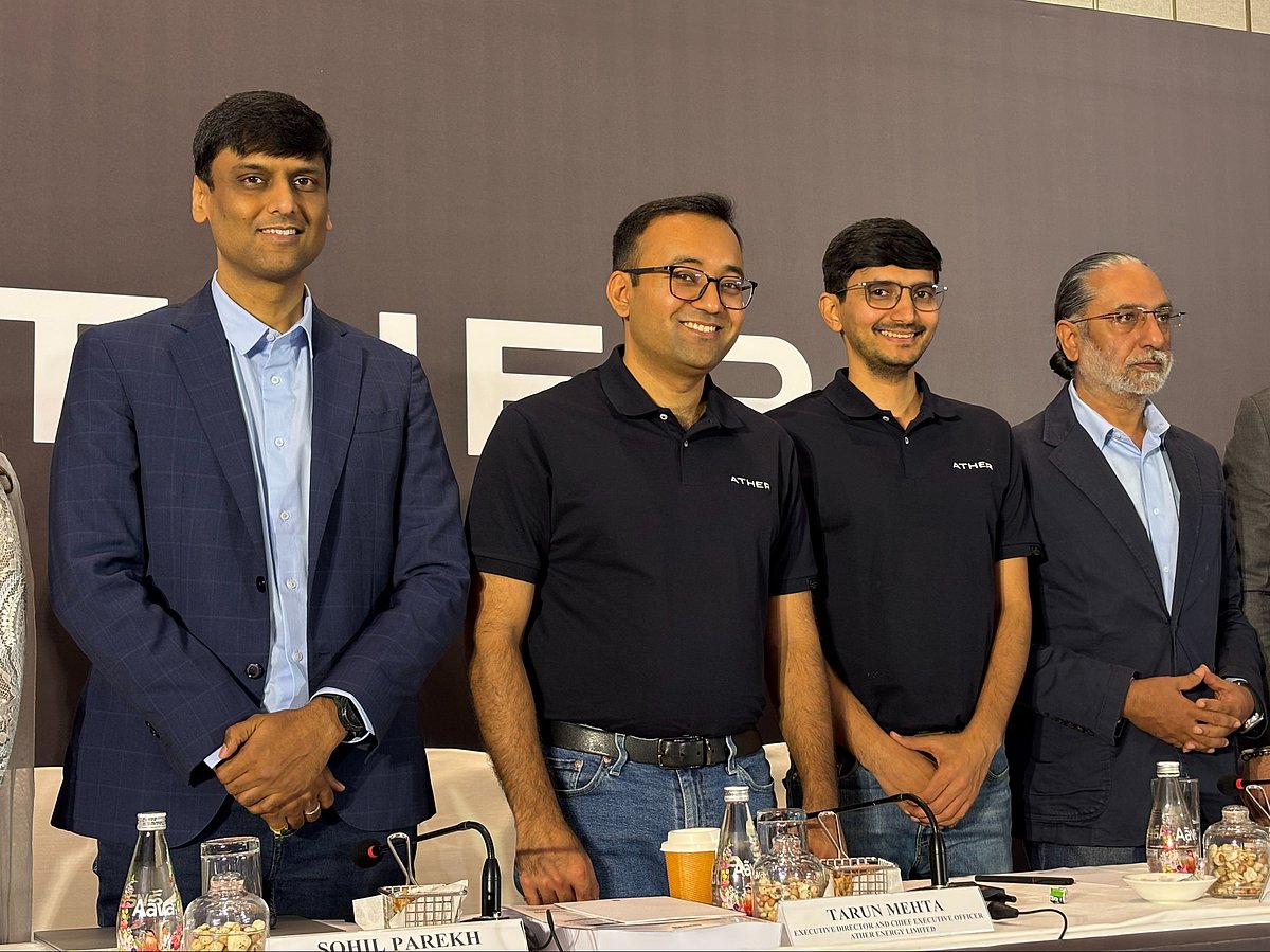 <div class="paragraphs"><p>(From left) Ather Energy CFO Sohil Parekh, CEO Tarun Mehta, CTO Swapnil Jain and CBO Ravneet Singh Phokela during an investor roadshow in Mumbai on April 23, 2025. (Photo: Tushar Deep Singh/NDTV Profit)</p></div>