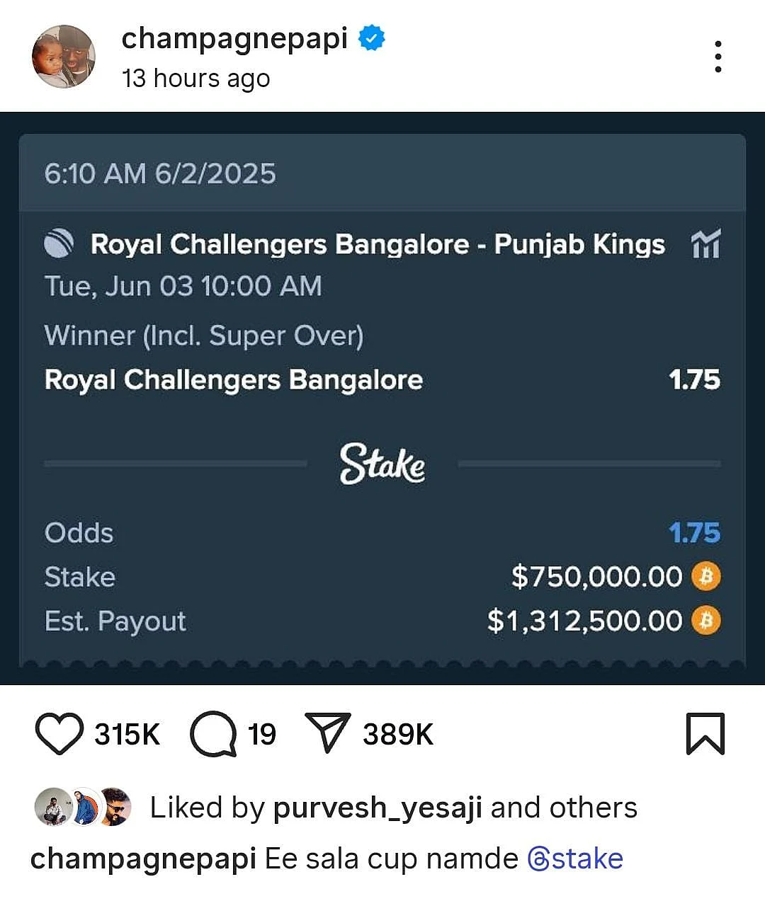 'Ee Sala Cup Namde': Drake Bets Rs 6.4 Crore On Royal Challengers Bengaluru Ahead Of IPL 2025 Final