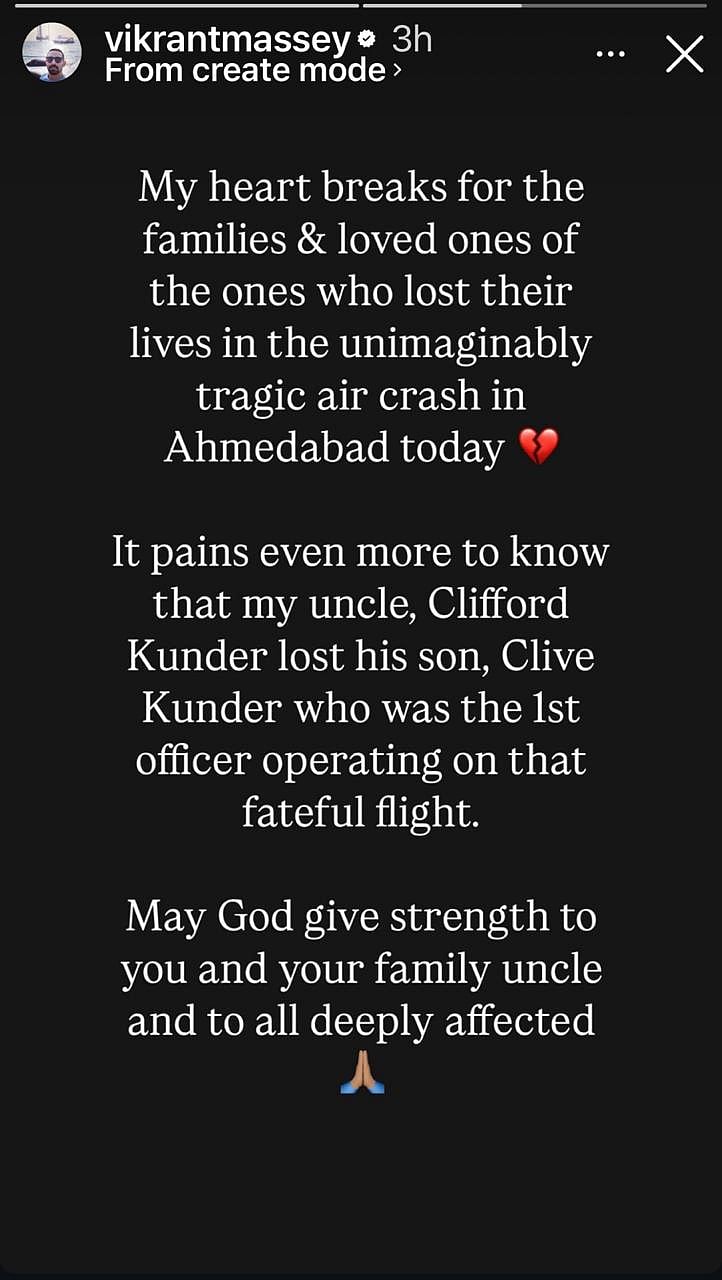 Air India Plane Crash: Vikrant Massey Posts Condolences For 'Family Friend' Co-Pilot Clive Kunder