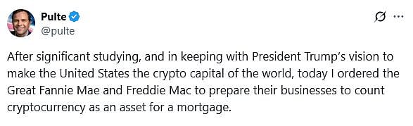 <div class="paragraphs"><p>Bill Pulte, director of the Federal Housing Finance Agency, posted last month on X about the crypto mortgage assessment proposal.</p></div>
