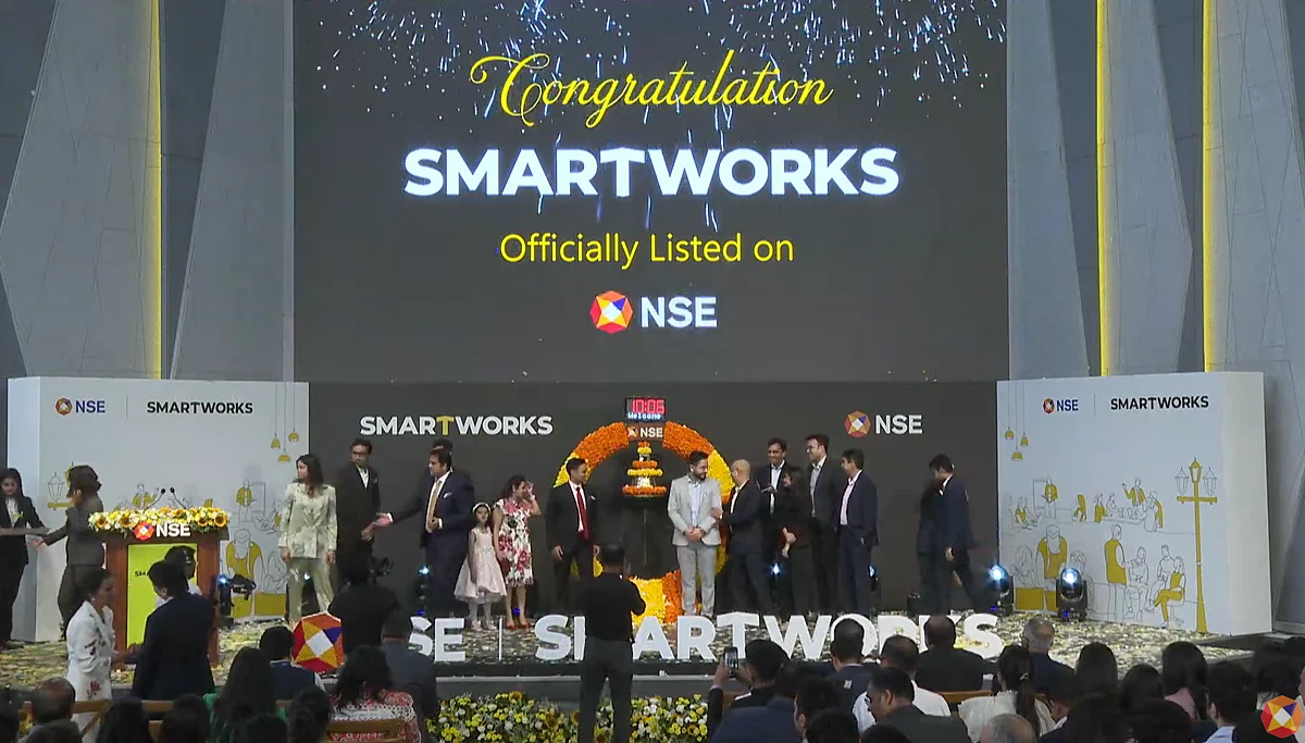 <div class="paragraphs"><p>Smartworks Coworking Spaces listing ceremony at NSE. (Image: NSE livestream)</p></div>