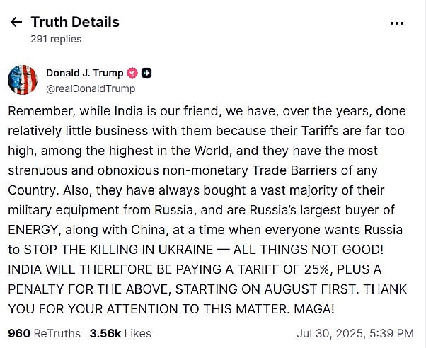 Donald Trump Announces 25% Tariffs On India And Penalty — Read US President's Full Statement Here