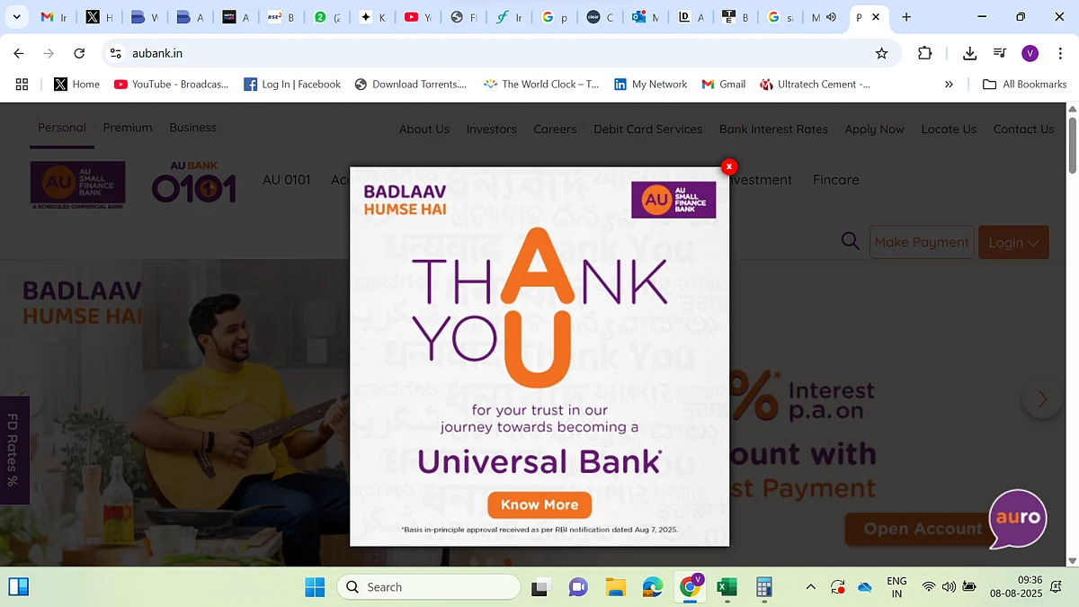 <div class="paragraphs"><p>AU Small Finance Bank website after receiving RBI's in-principle approval to become a universal bank (courtesy: AU Small Finance Bank)</p></div>