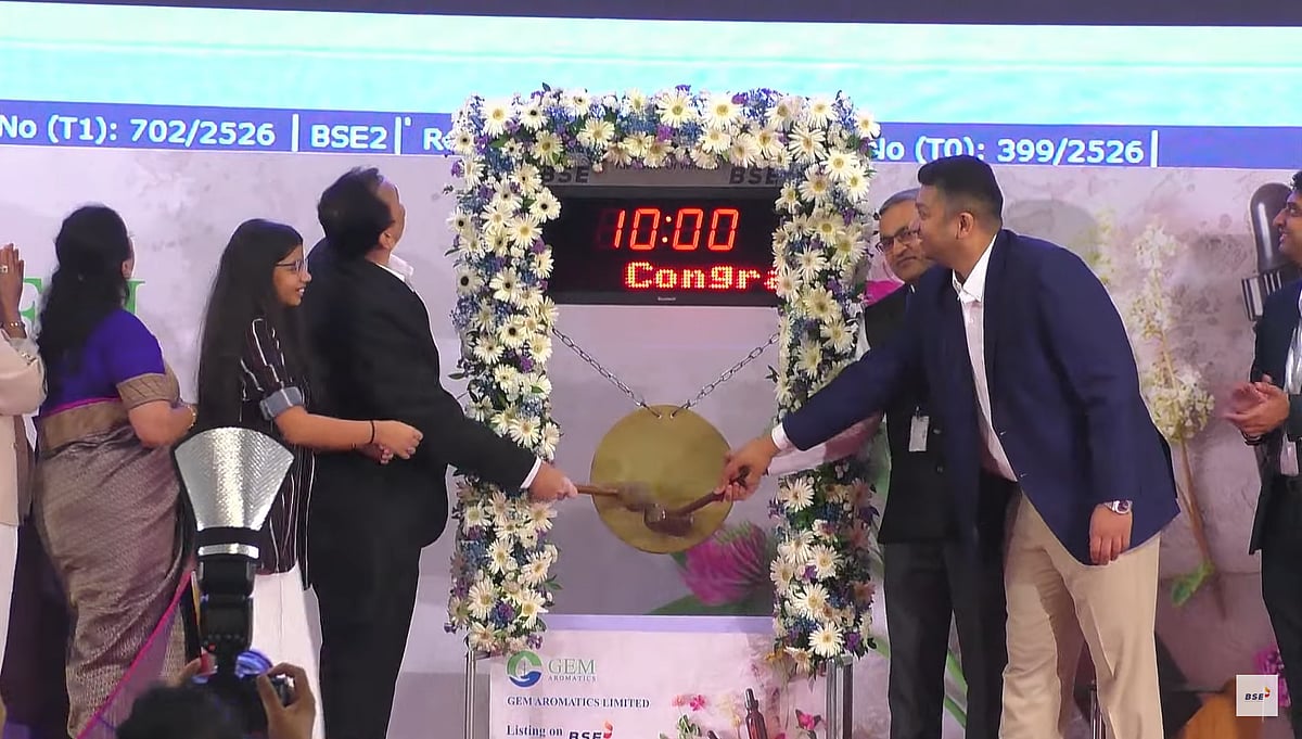 <div class="paragraphs"><p>GEM Aromatics listing ceremony. (Image: BSE)</p></div>