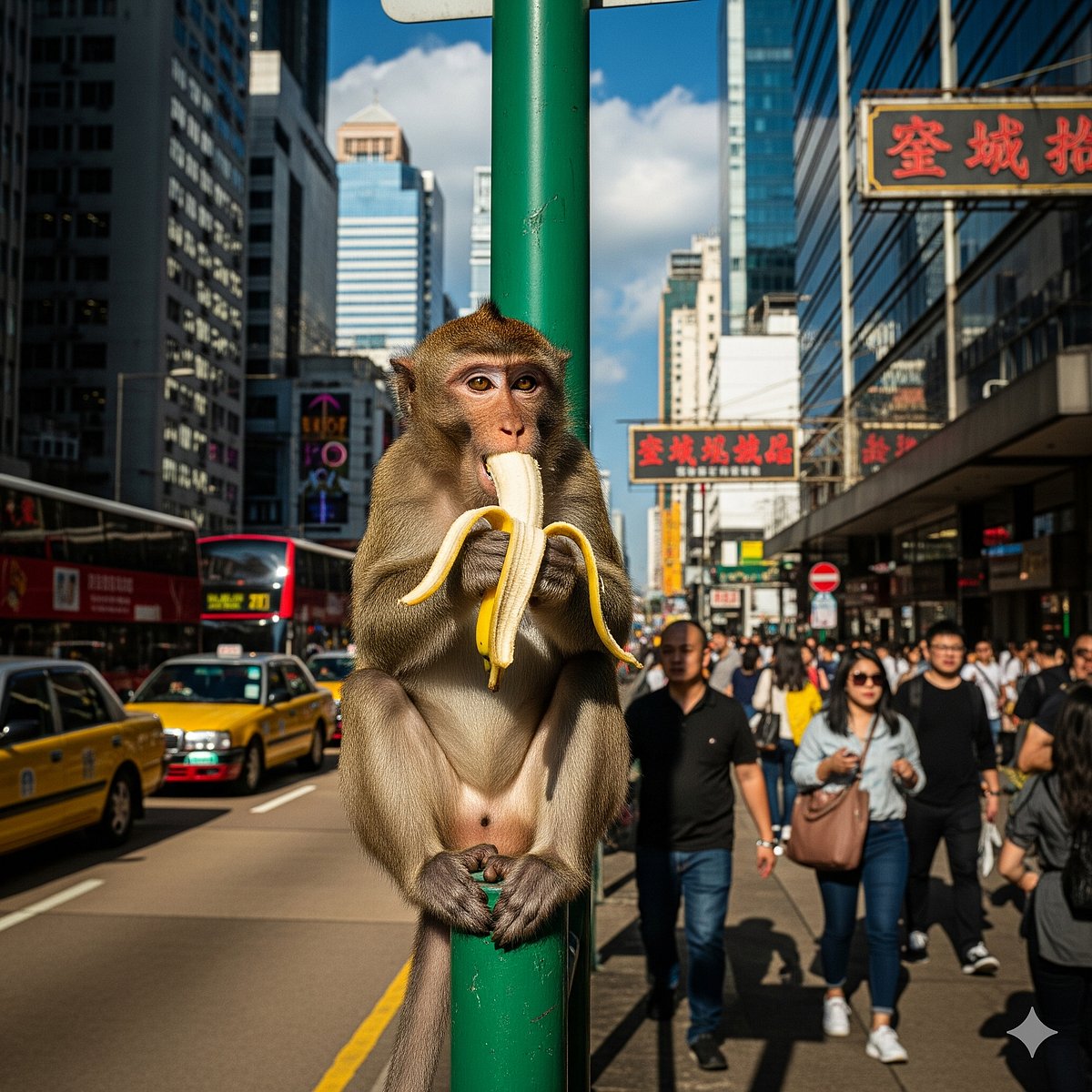 <div class="paragraphs"><p>An image of a monkey eating a banana in a crowded city street. (Photo: Google Gemini AI)</p></div>