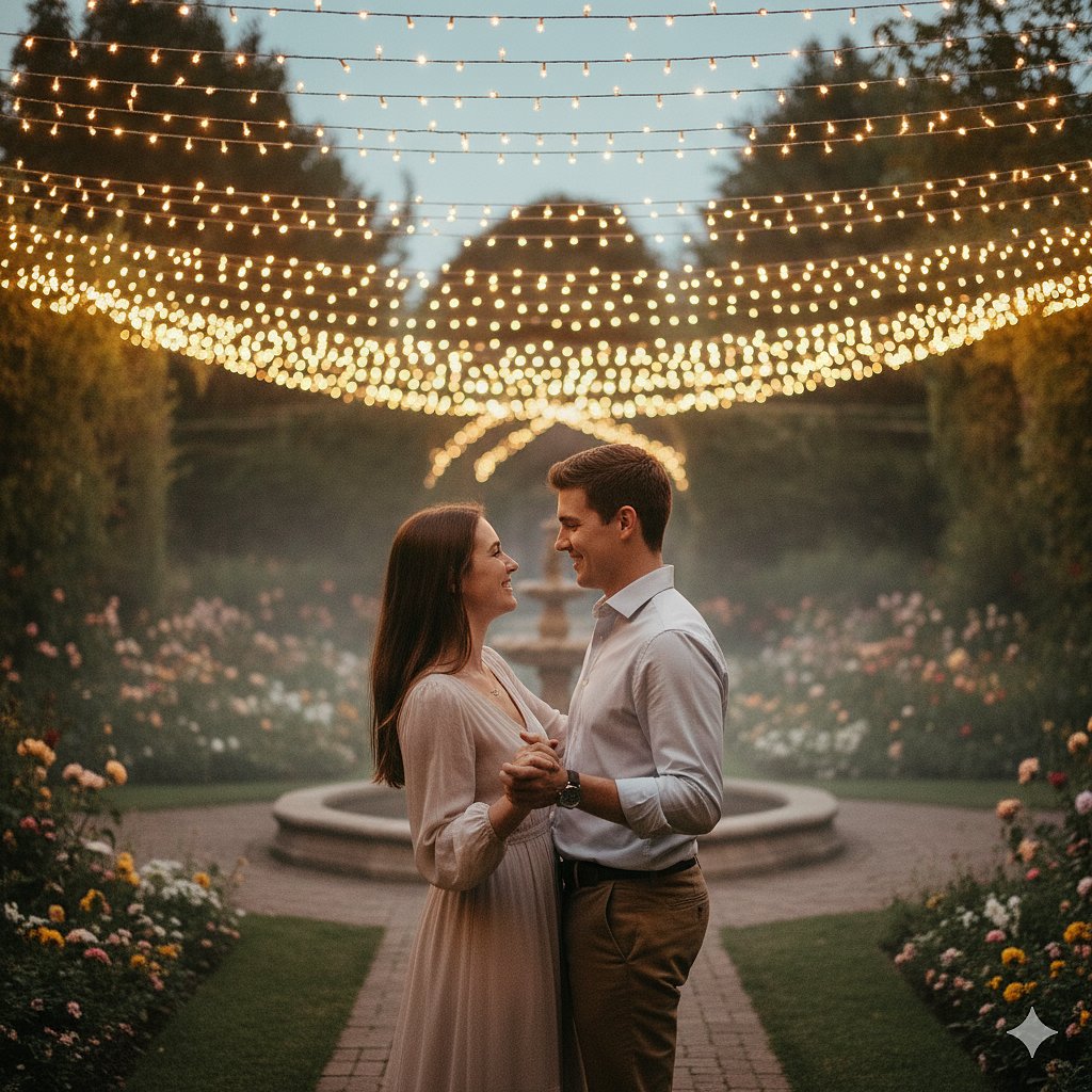 An AI-generated photo of a couple dancing under fairy lights in a garden.