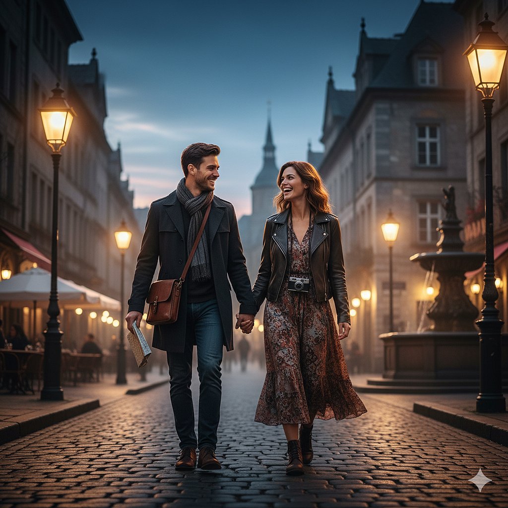 An AI-generated image of a couple walking in a historic European city at night.