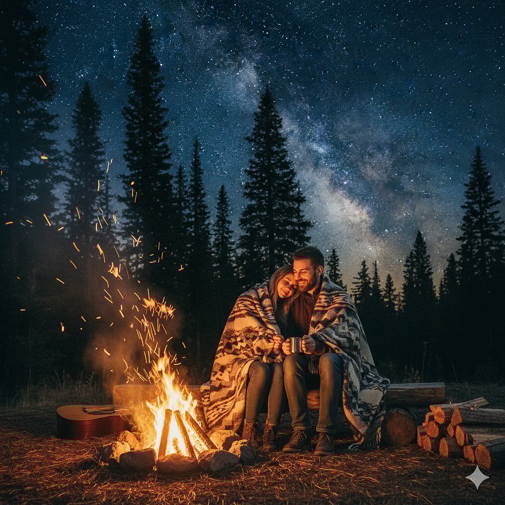 A romantic image of a couple by a campfire generated with AI.