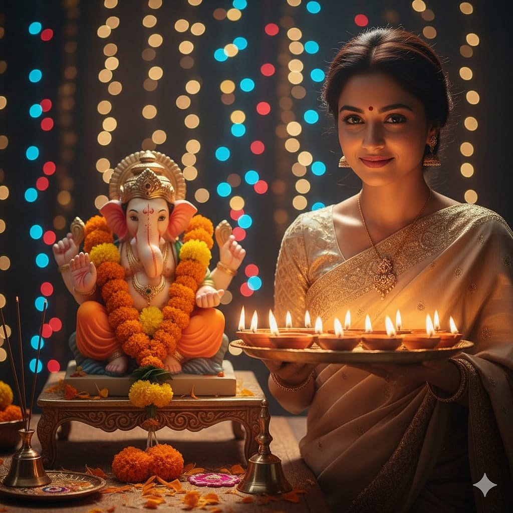 <div class="paragraphs"><p>Portrait of a woman with an idol of Lord Ganesha, created by Google Gemini. </p></div>