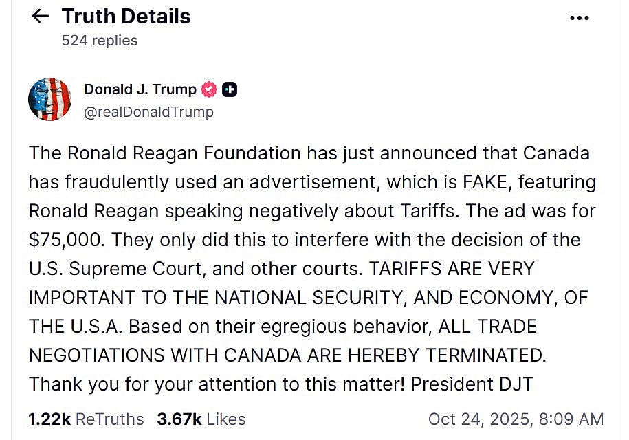 Trump Ends Canada Trade Talks Over ‘Fake’ Reagan Anti-Tariff Ad