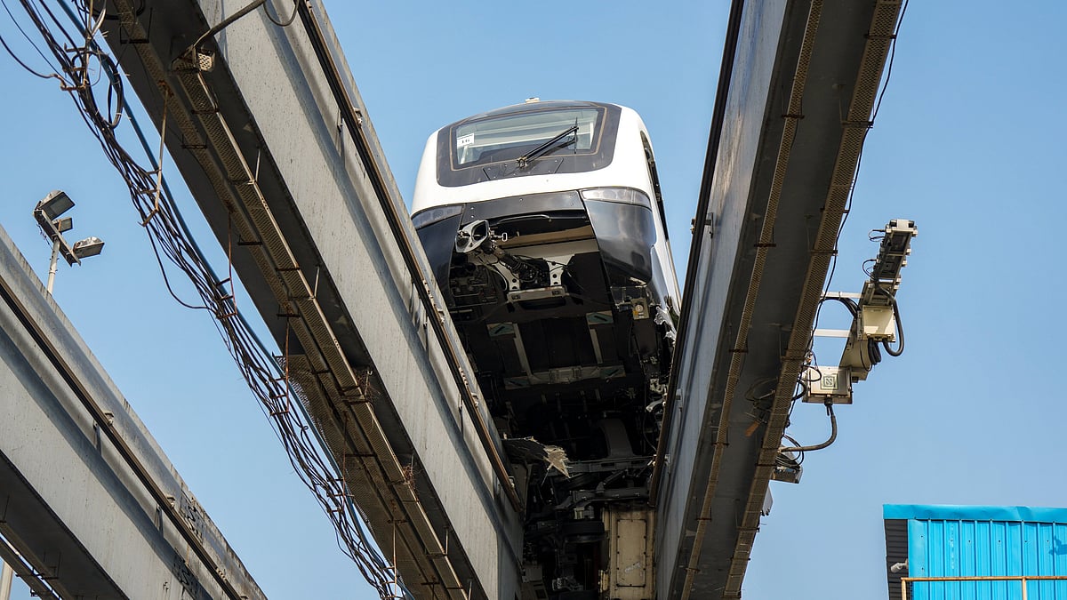 <div class="paragraphs"><p>A portion of a monorail train, which got damaged after it tilted during a test run, is being towed away at Wadala depot in Mumbai on Wednesday, Nov. 5, 2025. (Photo:&nbsp;Shashank Parade/PTI)</p></div>