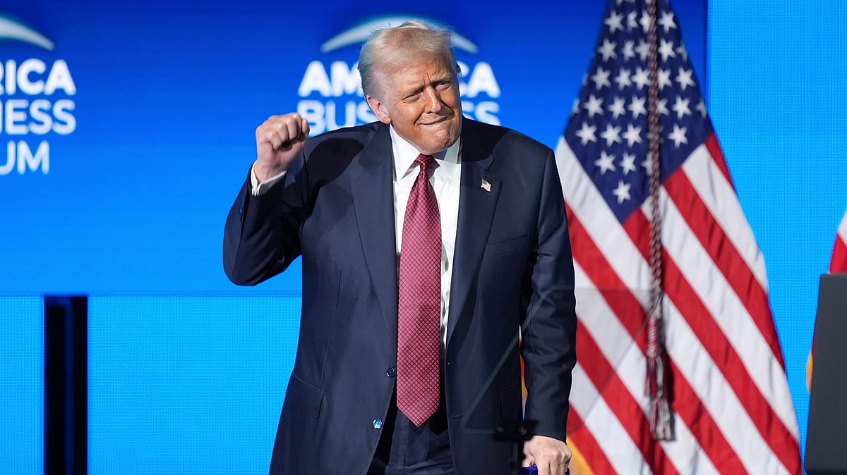<div class="paragraphs"><p>US President Donald Trump on stage after speaking at the America Business Forum on Wednesday, Nov. 5, 2025, in Miami. (Photo: AP/PTI)</p></div>