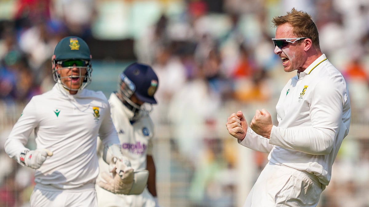 <div class="paragraphs"><p>Kolkata: South Africa's Simon Harmer celebrates after the wicket of India's vice captain Rishabh Pant during the third day of the first Test cricket match of a series between India and South Africa, at Eden Gardens in Kolkata, Sunday, Nov. 16, 2025. (PTI Photo/Swapan Mahapatra)</p></div>