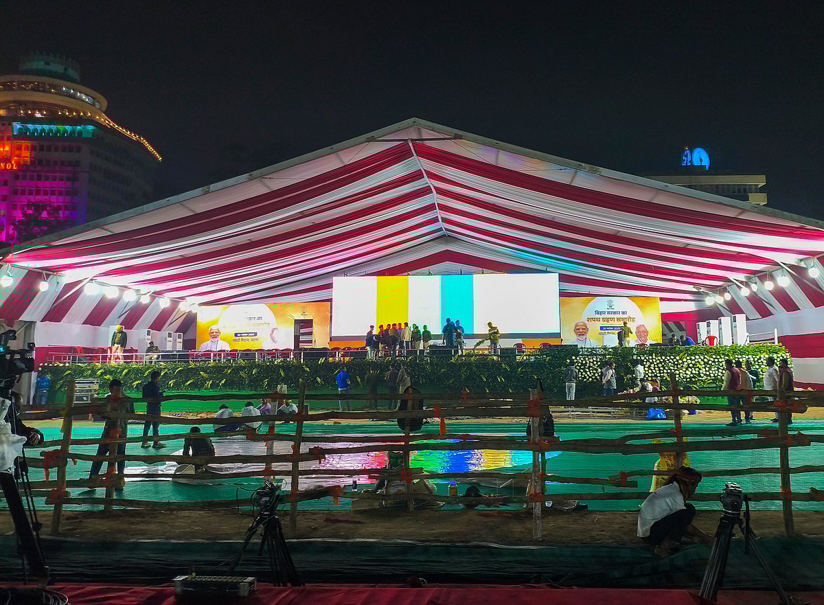 <div class="paragraphs"><p>Patna: Preparations underway for the swearing-in ceremony of the new Bihar Cabinet, at Gandhi Maidan, in Patna on Wednesday, Nov. 19, 2025. (Photo" PTI</p></div>