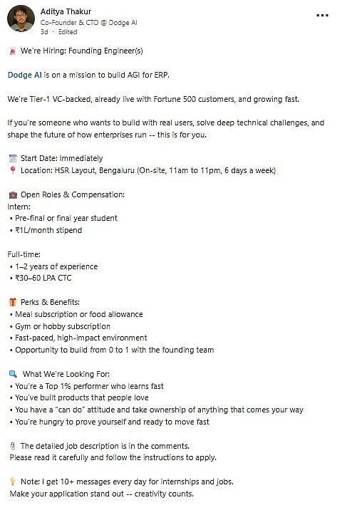 'Six-Day Job, 12-Hour Shifts': Dodge AI Co-Founder's Hiring Post Triggers Online Debate