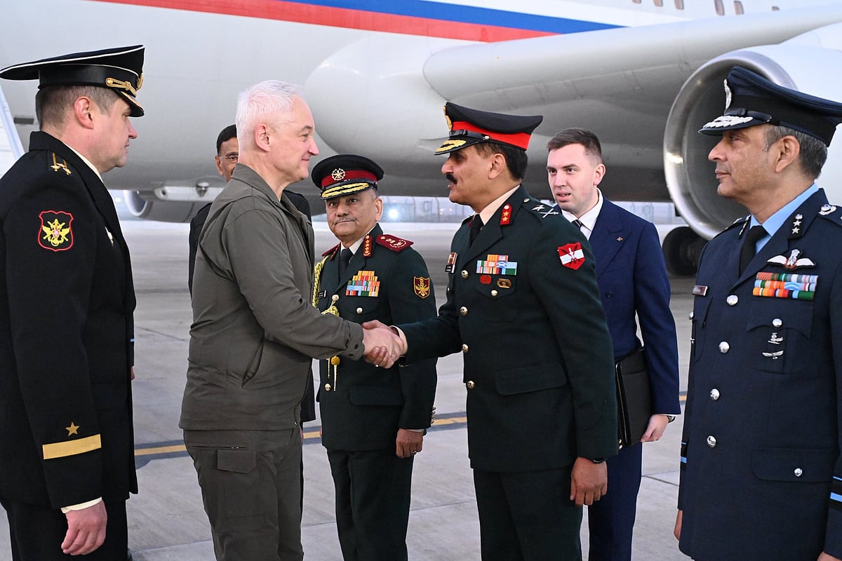 <div class="paragraphs"><p>Russian Defence Minister Andrei Belousov arrived at the Air Force Station, Palam in New Delhi. (Image: MoD)</p></div>