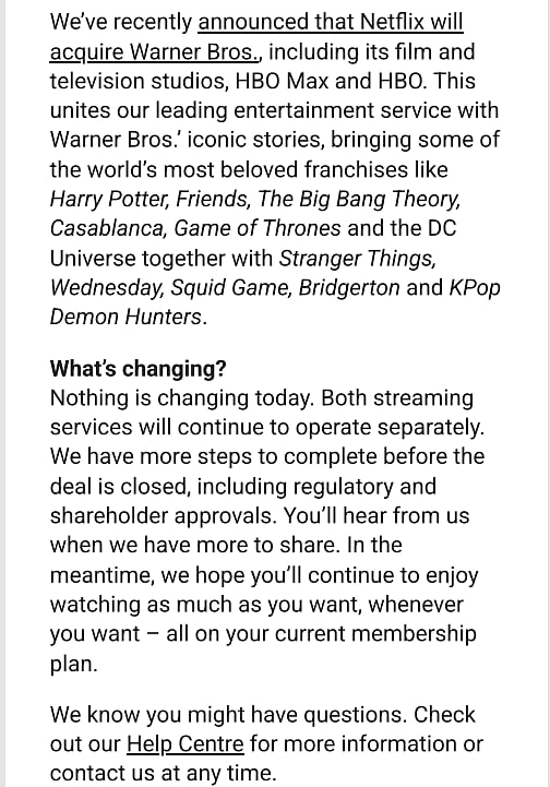 Nothing Will Change Post Warner Bros. Deal Announcement; Netflix Assures Its 300 Million Subscribers