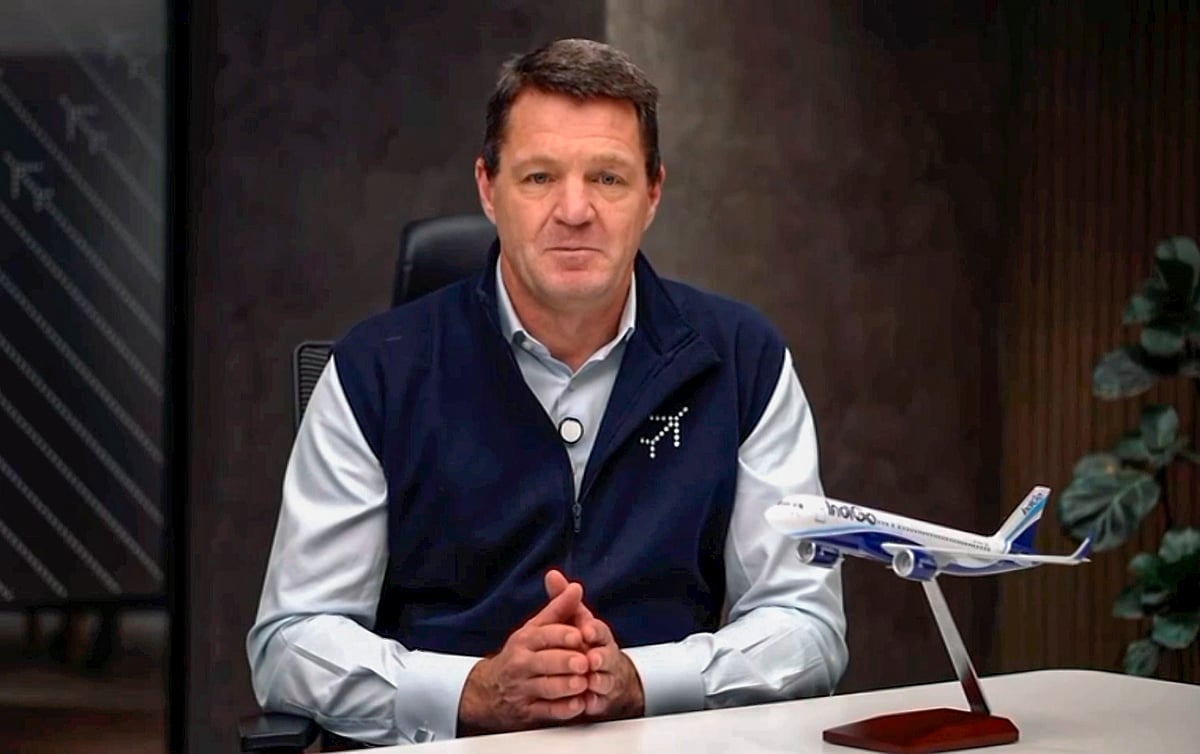 <div class="paragraphs"><p>IndiGo CEO Pieter Elbers addresses employees via a video message from the airline's headquarters in Gurugram. (Photo: PTI)</p></div>