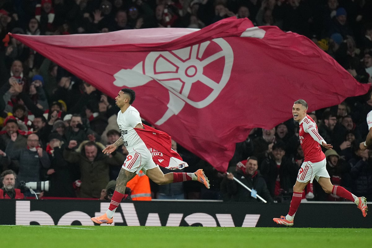 <div class="paragraphs"><p>Arsenal's Gabriel Jesus celebrates after scoring his side's fourth goal during the English Premier League soccer match between Arsenal and Aston Villa in London, Tuesday, Dec. 30, 2025. (Photo source: PTI)</p></div>