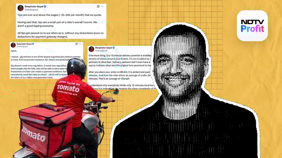 <div class="paragraphs"><p>Deepinder Goyal claimed gig work is "one of the largest organised job creation engines" in India which needs less regulation. (Image: NDTV Profit)</p></div>