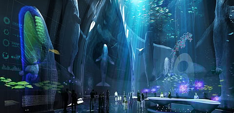 3D Holographic projection with Sperm Whales in ambient Oceanscape
