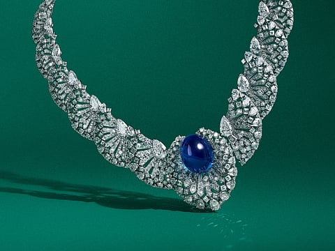 The Pavocelle necklace showcases a 58.08-carat Ceylon sapphire 