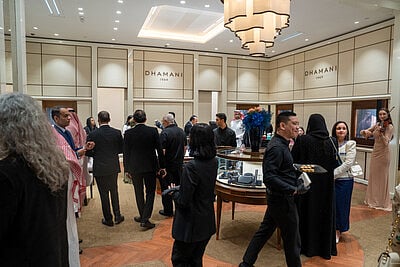 Luxurious interior of Dhamani 1969’s Riyadh boutique — elegant displays, soft lighting refined décor