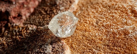 A rough, uncut diamond resting on a textured, earthy rock surface under natural light.