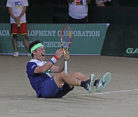 JOHNNY Arcilla celebrates after shocking Guillermo Olaso in the men’s singles event of the PCA Open Championships. | photograph by Joey sanchez Mendoza for the daily tribune @tribunephl_joey