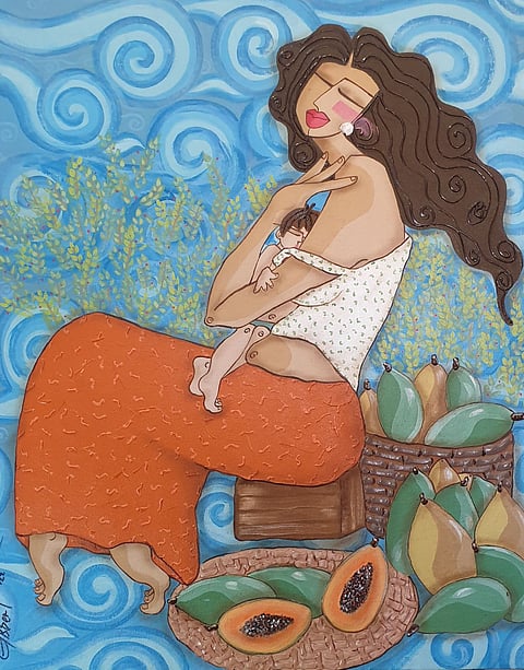 Photographs courtesy 
of ARTISTSPACE
Papaya Vendor (acrylic on canvas, 76.20 by 60.96 cm, 2022).