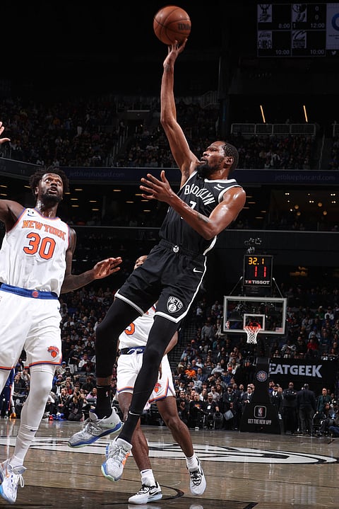 NATHANIEL S. BUTLER/AGENCE FRANCE-PRESSE
KEVIN Durant delivers a triple-double performance to lead the Brooklyn Nets to a 112-85 rout of the New York Knicks in the NBA regular season.