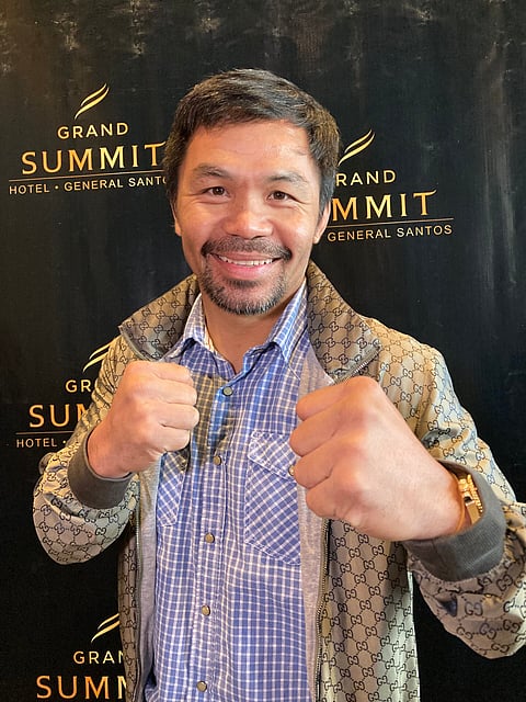 Photograph by Nick Giongco for the daily tribune 
MANNY Pacquiao raises the idea of making a boxing comeback by competing in exhibition matches.