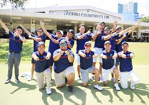 Photograph courtesy of PAL MEDIA BUREAU
CEBU Country Club is hoping for a repeat of its 2019 magical victory in the Philippine Airlines Interclub at home. Members of the victorious 2019 team are (kneeling from left): Julius Neri, Bayani Garcia, team captain Marko Sarmiento, Mark Anthony Dy and Harvey Sytiongsa. Standing (same order) are Martin Mendoza, Julius Garcia Neri Jr., Julius Pierre, Hugo Saurat, Peter Po II, Marc Gonzalez and Eric Anthony Deen. 