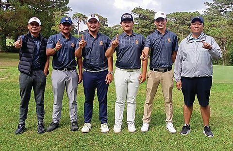 PHOTOGRAPH COURTESY OF ADRIAN FLORES
MEMBERS of Manila Southwoods Team 2 are shown after winning the Am-Championship in the 72nd Fil-Am Men’s Invitational in Baguio City. From left: Masaichi Otake, Lanz Uy, Shinichi Suzuki, Leandro Bagtas, Josh Jorge, non-playing captain Thirdy Escano and Southwoods sports director Jerome Delariarte. Not in photo is Marc Lu.