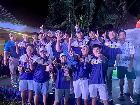 MEMBERS of the Xavier School San Juan flash the No. 1 sign after dominating the 2022 Interschools golf team tournament. At extreme left is Junior Golf Foundation of the Philippines. | PHOTOGRAPH COURTESY OF XAVIER SCHOOL