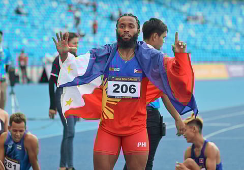 No slowing down Eric Cray 
PHOTOGRAPH courtesy of SEA GAMES POOL
Eric Cray flashes the No. 6 sign after securing his sixth SEA Games gold medals in the 32nd SEA Games in Phnom Penh.