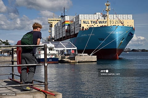 A view taken on September 14, 2023 shows the worlds first methanol-enabled container vessel called "Laura Maersk" of A.P. Moller-Maerska after its namegiving ceremony in Copenhagen. Built in South Korea by Hyundai Heavy Industries (HHI) and fitted with a dual-fuel engine, "Laura Maersk" is a relatively small model that will be able to transport 2,136 20-foot (TEU) containers. It will begin operating in the Baltic Sea in October 2023, Maersk said. (Photo by SERGEI GAPON / AFP)