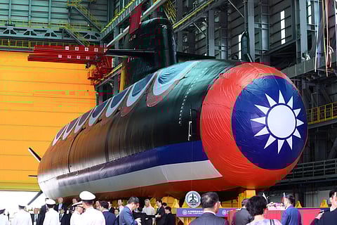 SAM YEH/AGENCE FRANCE-PRESSE
TAIWAN’S first locally built submarine ‘Narwhal’ is seen during unveiling ceremony at the CSBC Corporation shipbuilding company in Kaohsiung on 28 September 2023. 