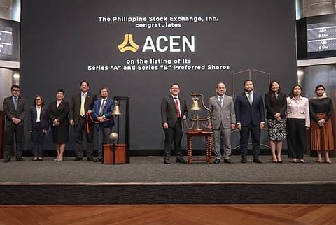 Photo shows (from left) ACEN Executive Director and General Counsel Dodjie D. Lagazo, ACEN Treasurer Maria Cecilia T. Cruzabra, ACEN CFO and chief compliance officer Maria Corazon G. Dizon, ACEN president and CEO Eric T. Francia, ACEN vice chairman Cezar P. Consing, SEC Commissioner Kelvin Lester K. Lee, PSE President and CEO Ramon S. Monzon, PSE COO Atty. Roel A. Refran, PSE Issuer Regulation Division Head Atty. Marigel M. Baniqued-Garcia, PSE Corporate Secretary Atty. Aissa V. Encarnacion and PSE General Counsel Atty. Veronica V. del Rosario ACEN at the bell-ringing ceremony of ACEN’s formal listing of its Series A and Series B preferred shares at the Philippine Stock Exchange  on Friday, 1 September 2023. | photograph courtesy of ACEN