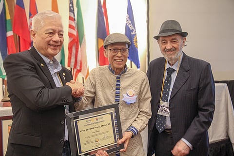 Antonio Oposa (center) receives a Plaque of Appreciation from Rotary Club of Manila president, Rafael Alunan III (left) and IDG Joaquin Rodriguez for accepting the Club's invitation to be its guest speaker last 21 September 2023. For his unparalleled work as an environmental champion, Oposa was conferred the Ramon Magsaysay Award in 2009 as well as the UNEP Global 500 Roll of Honor, the highest UN honor in the field of the environment. | PhotographS by Dianne Bacelonia for the Daily Tribune