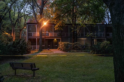 Police tape restricts access to the scene where Isaac Agree Downtown Synagogue president, Samantha Woll, was found dead in Detroit on 21 October 2023. (Photo by Sarah RICE / AFP)
